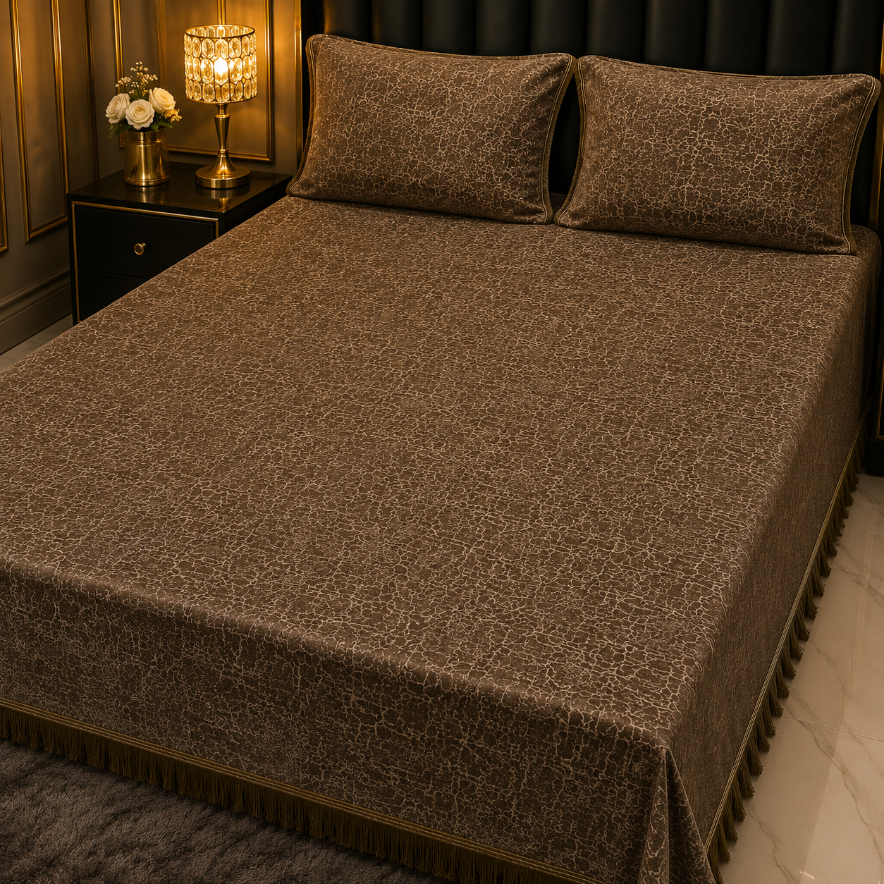 Brown 3PC Texture Velvet Bedsheet Set