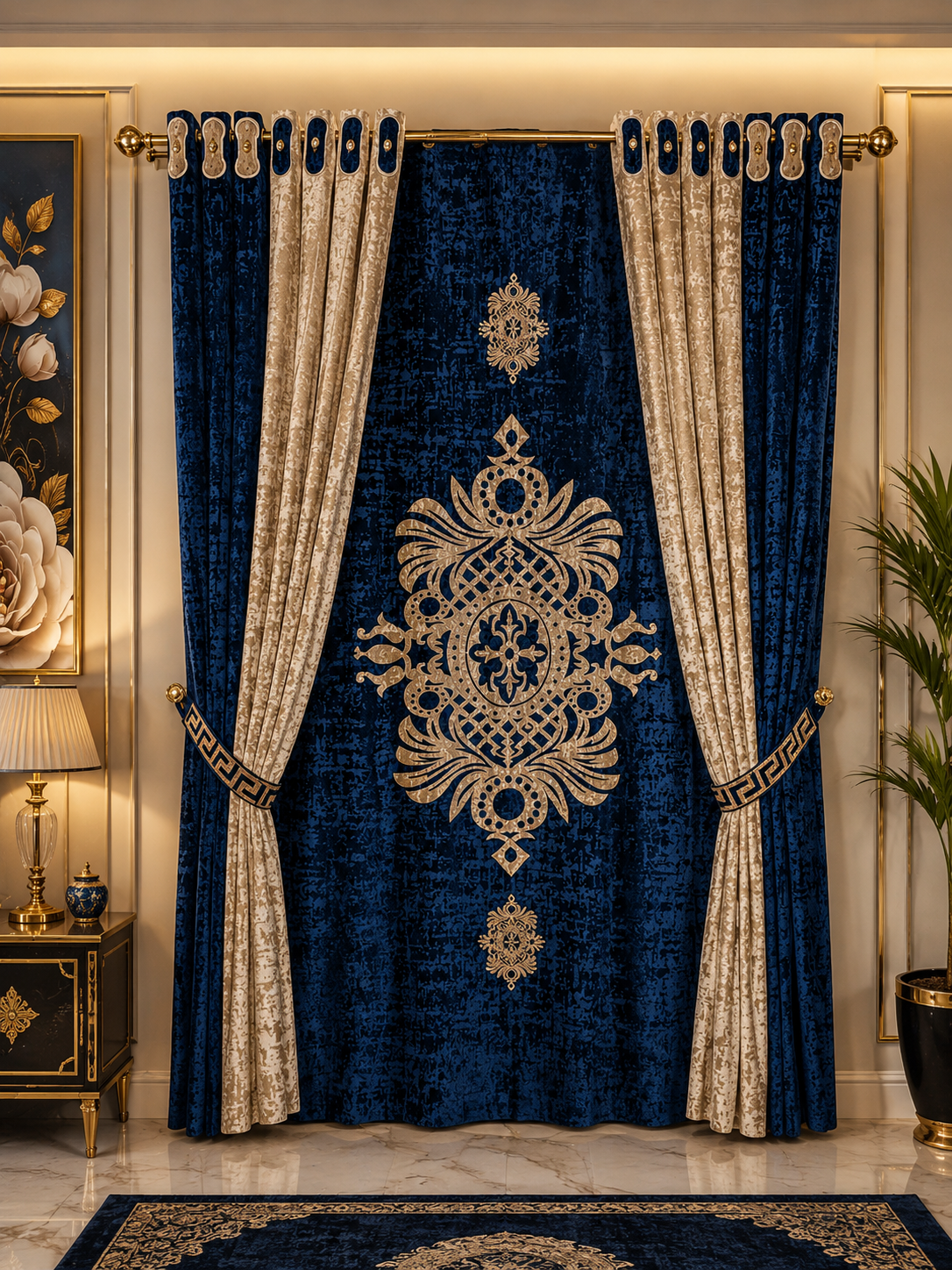 Premium Velvet Window Blind Blue&Beige