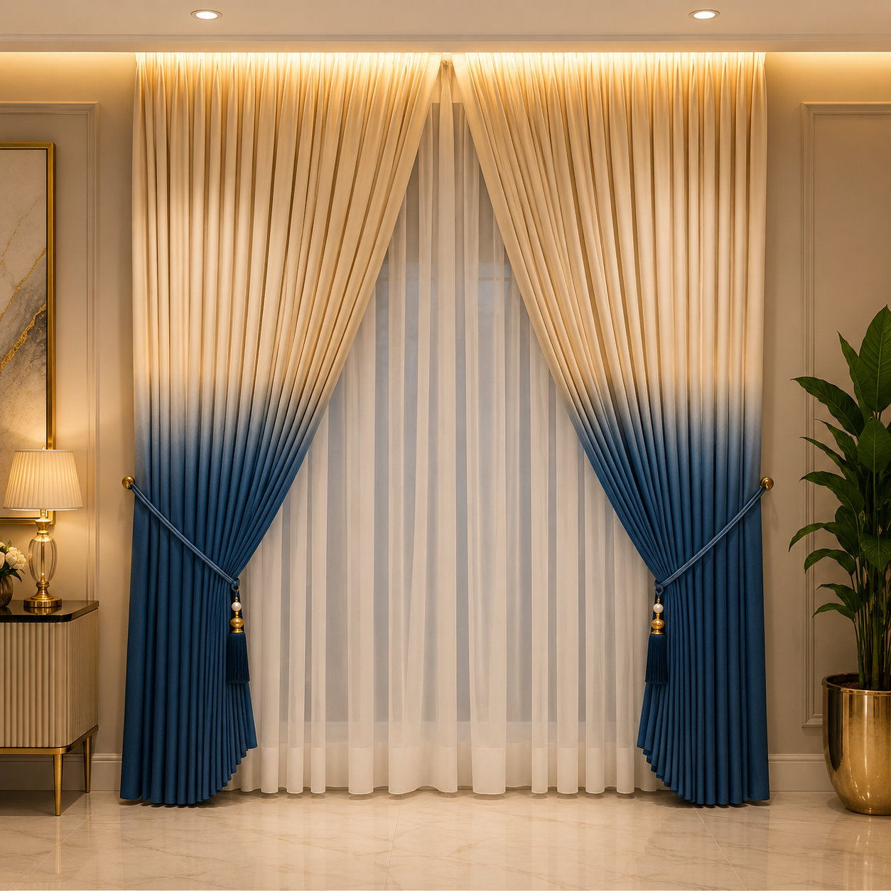 Premium Velvet Window Blind Royal Blue& Cream