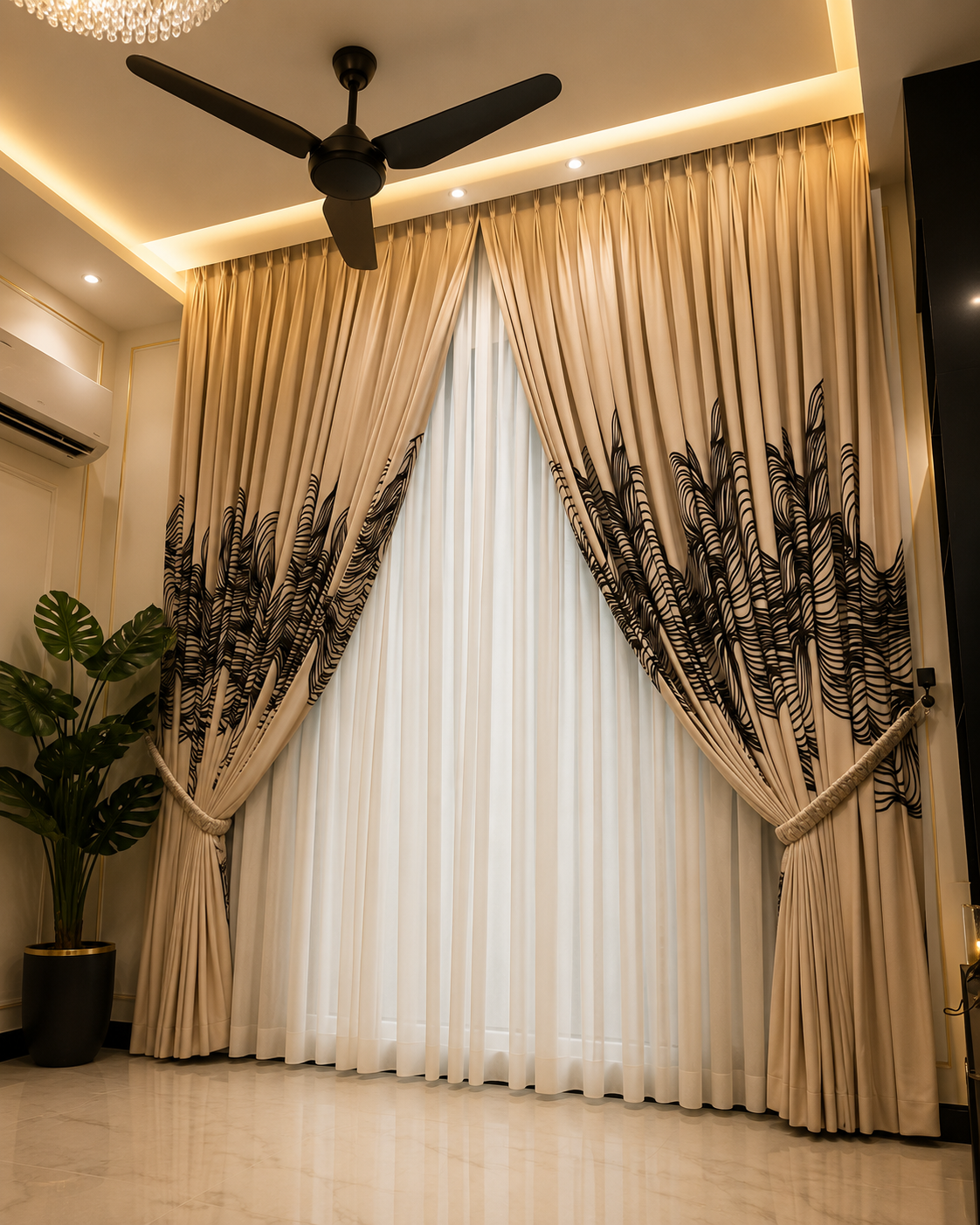 Premium Velvet Window Blinds Beige&Black