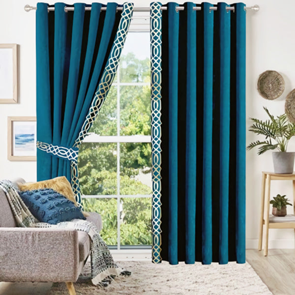 Side Border Velvet Curtains Blue