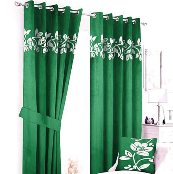 Floral Border Velvet Curtains Green