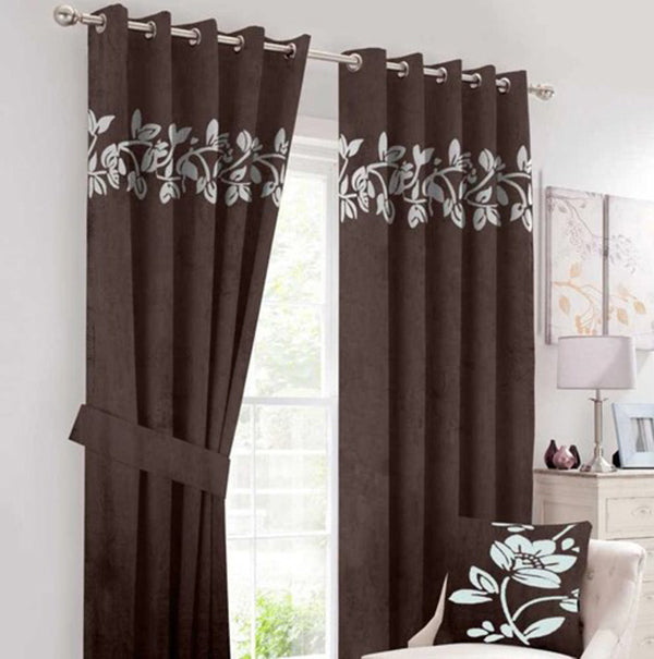 Floral Border Velvet Curtains Brown