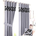 Floral Border Velvet Curtains Grey