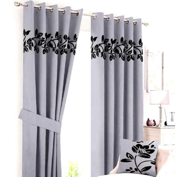Floral Border Velvet Curtains Grey