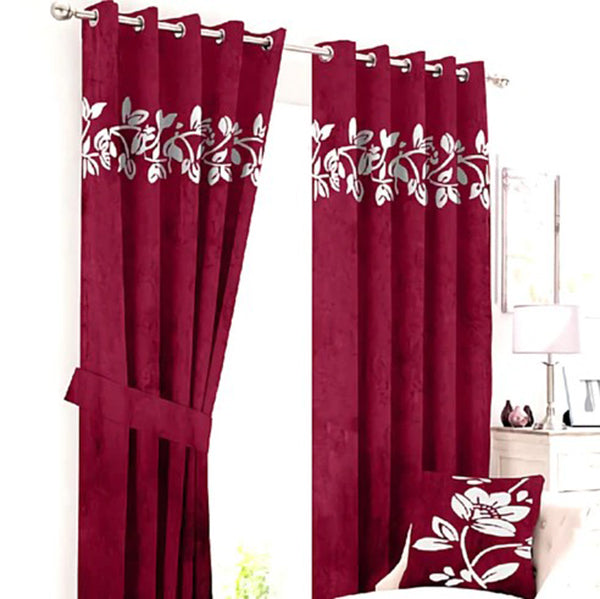 Floral Border Velvet Curtains Maroon