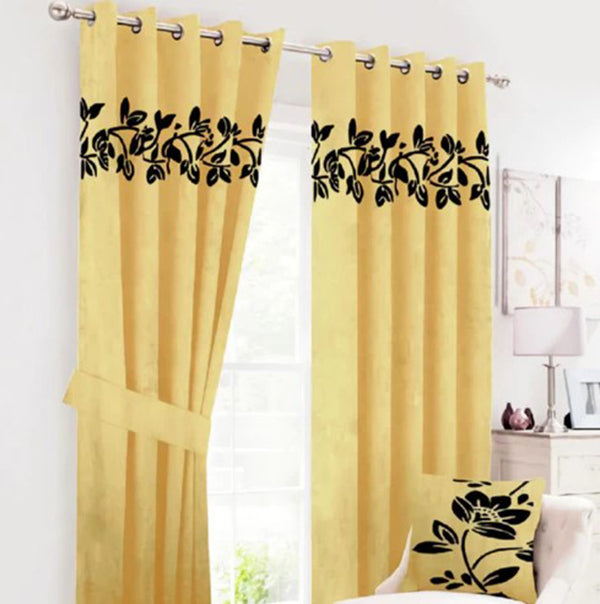 Floral Border Velvet Curtains Yellow