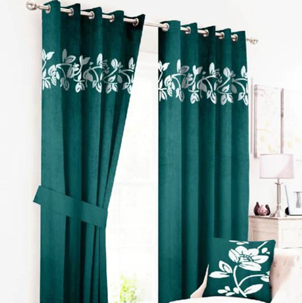 Floral Border Velvet Curtains Green