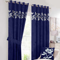 Floral Border Velvet Curtains Navy Blue