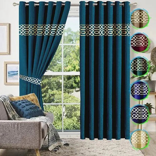 Teal Blue Gold Pattern Front Border Curtains