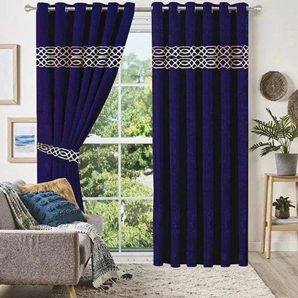 Royal Blue Gold Pattern Front Border Curtains