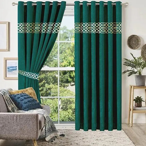 Emerald Green Gold Pattern Front Border Curtains