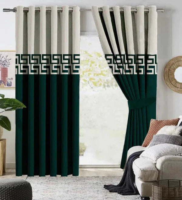 Off White & Green Dual Tone Velvet Curtains