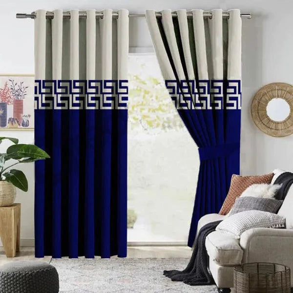 Off-White & Royal Blue Dual Tone Velvet Curtains