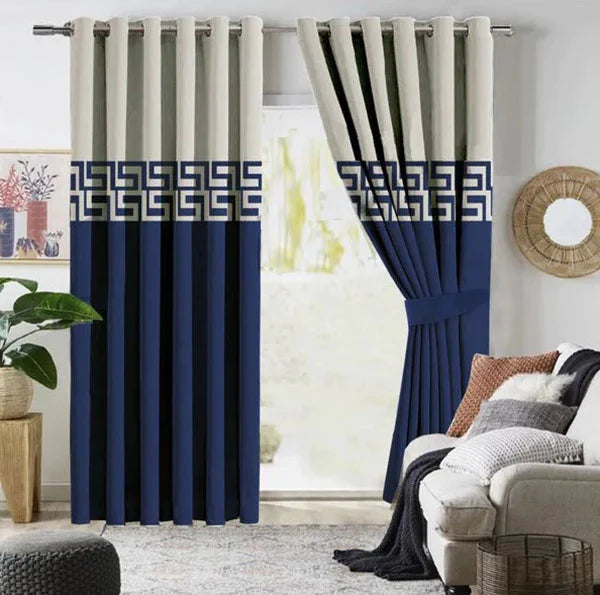 Off-White & Navy Blue Dual Tone Velvet Curtains