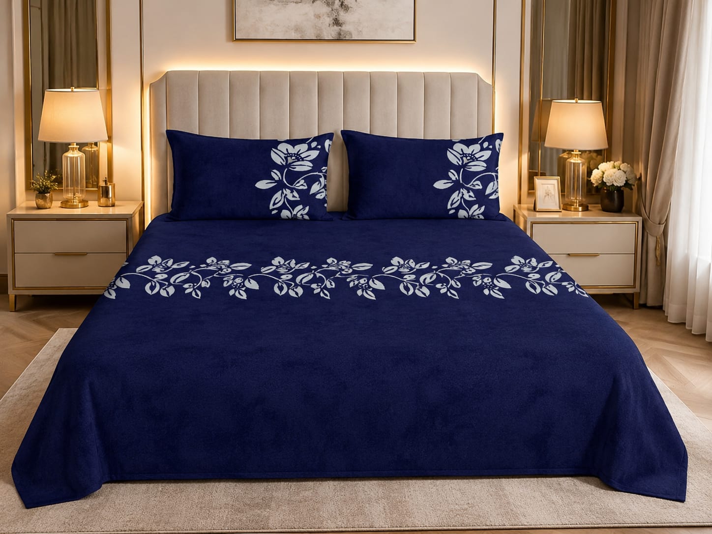 Blue Luxury Velvet Floral Bedsheet Set