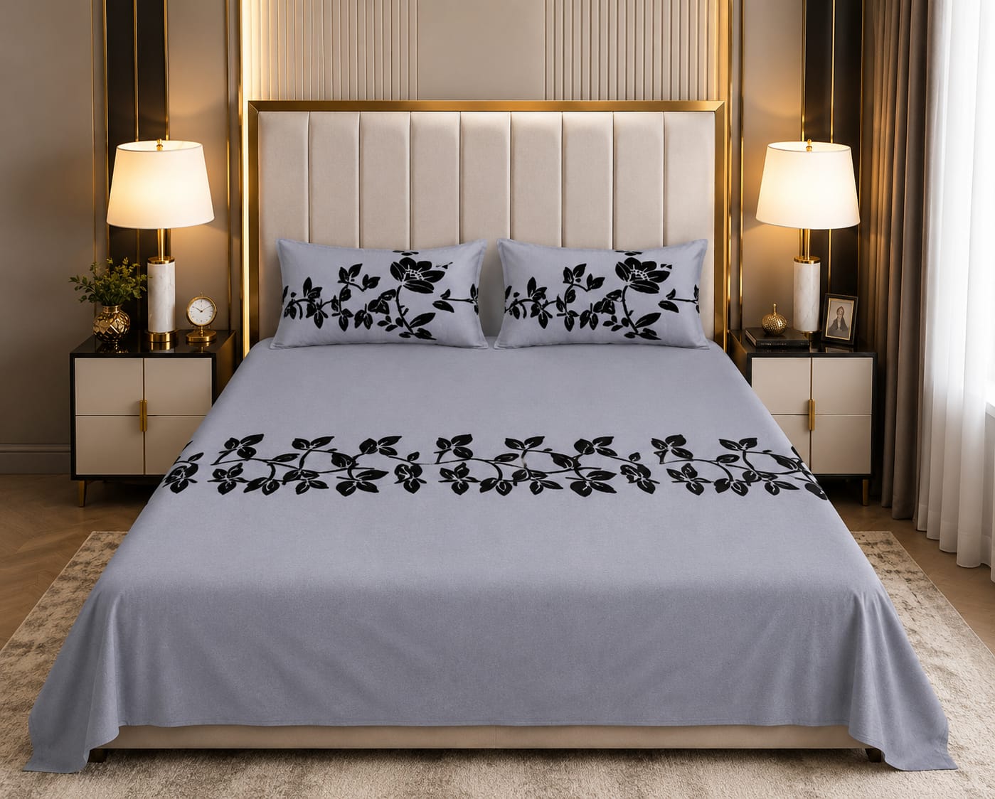 Light Grey Luxury Velvet Floral Bedsheet Set
