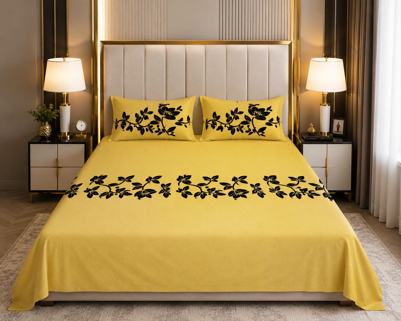Yellow Luxury Velvet Floral Bedsheet Set