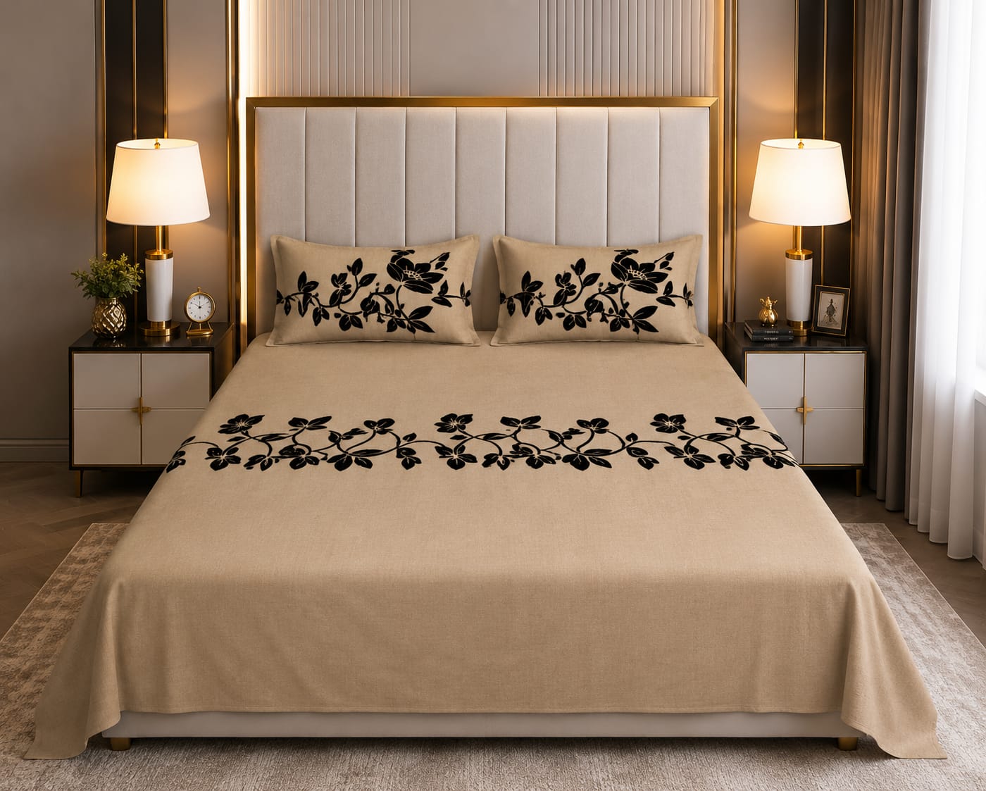 Light Brown Luxury Velvet Floral Bedsheet Set