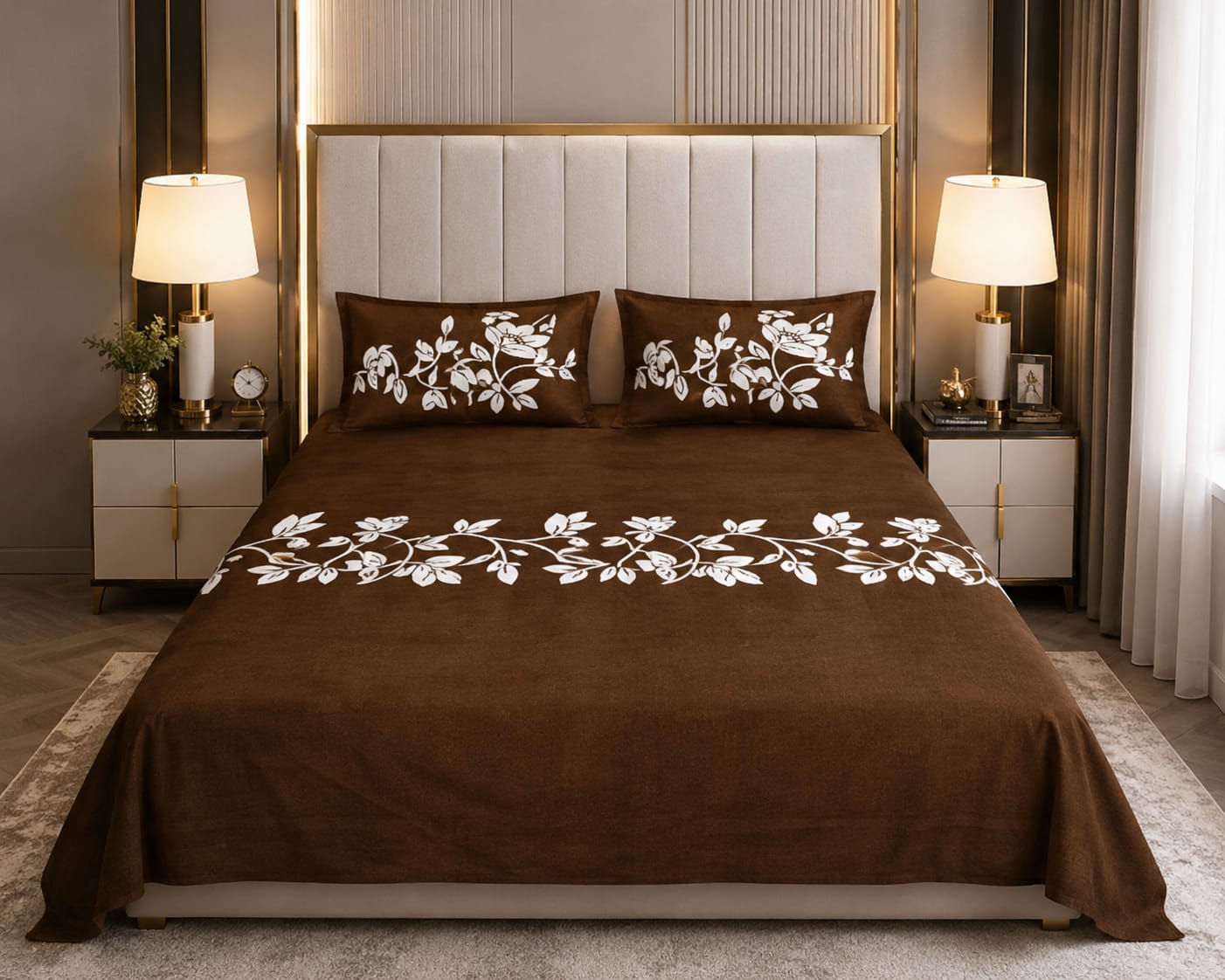 Brown Luxury Velvet Floral Bedsheet Set