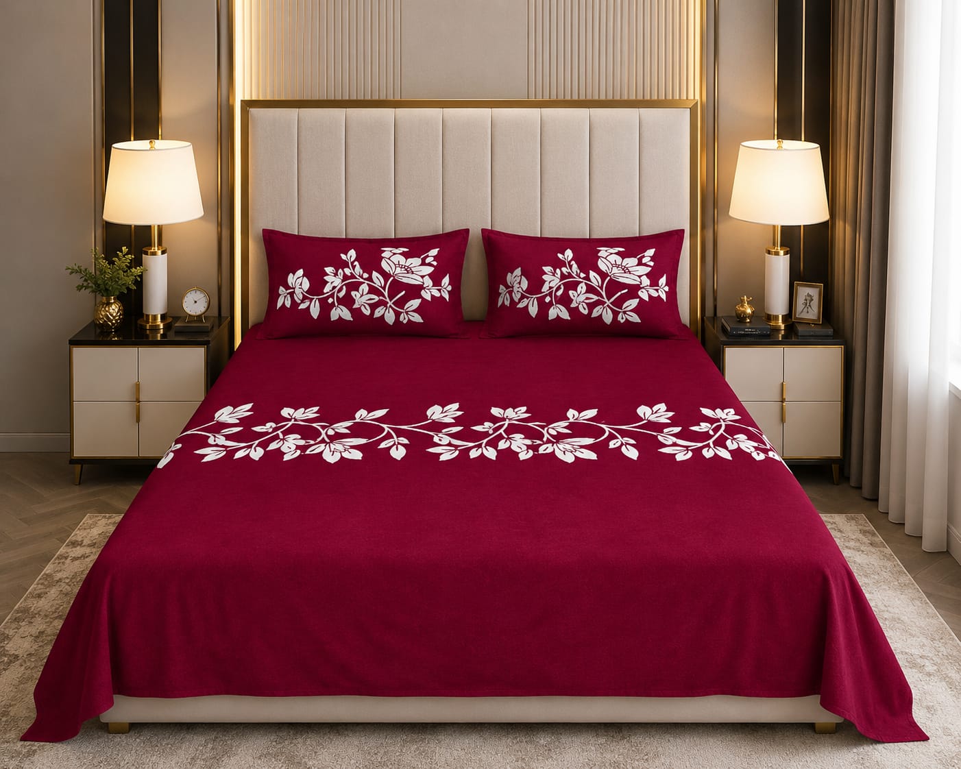 Pink  Luxury Velvet Floral Bedsheet Set