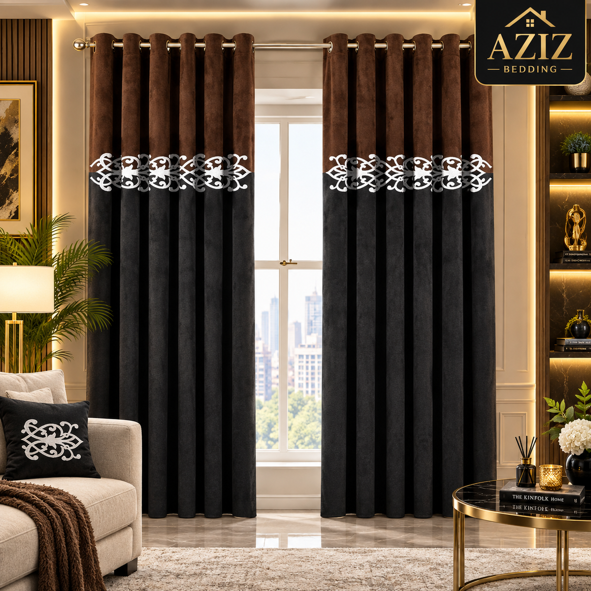 Brown & Dark Grey Dual Tone Velvet Curtains
