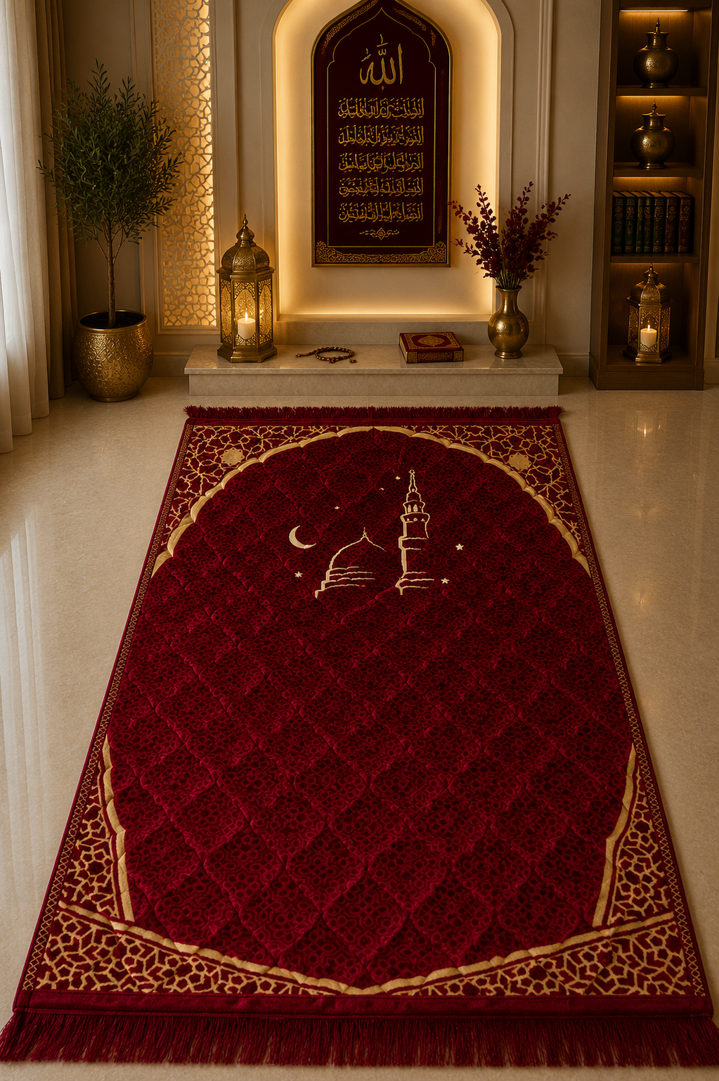 Mehroon  Aziz Bedding Traditional Quilted Prayer Mat