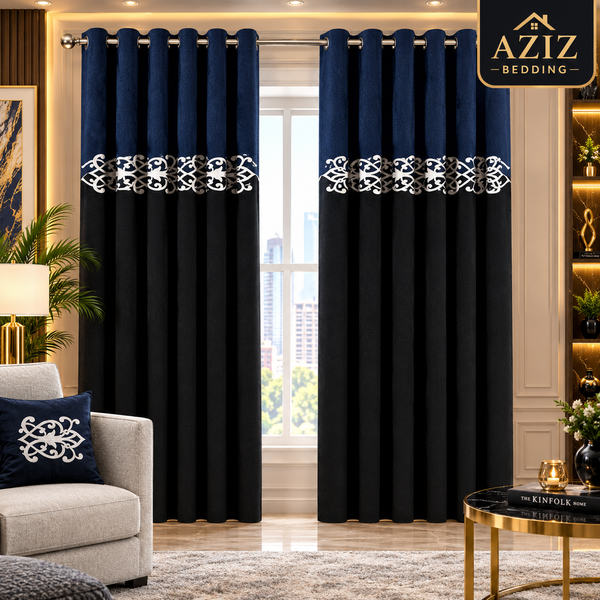 Navy Blue & Black Dual Tone Velvet Curtains