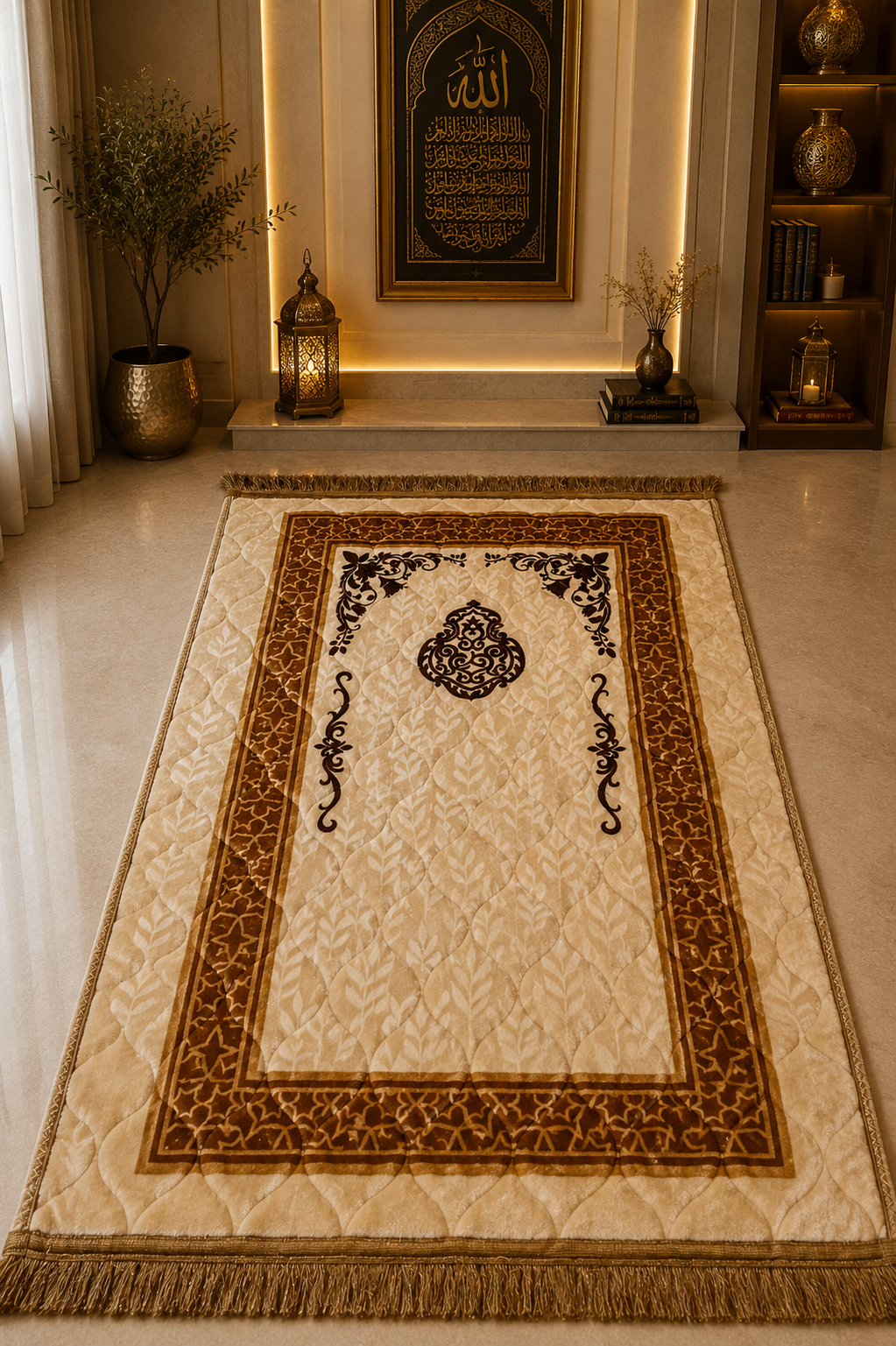 Beige  Aziz Bedding Traditional Quilted Prayer Mat