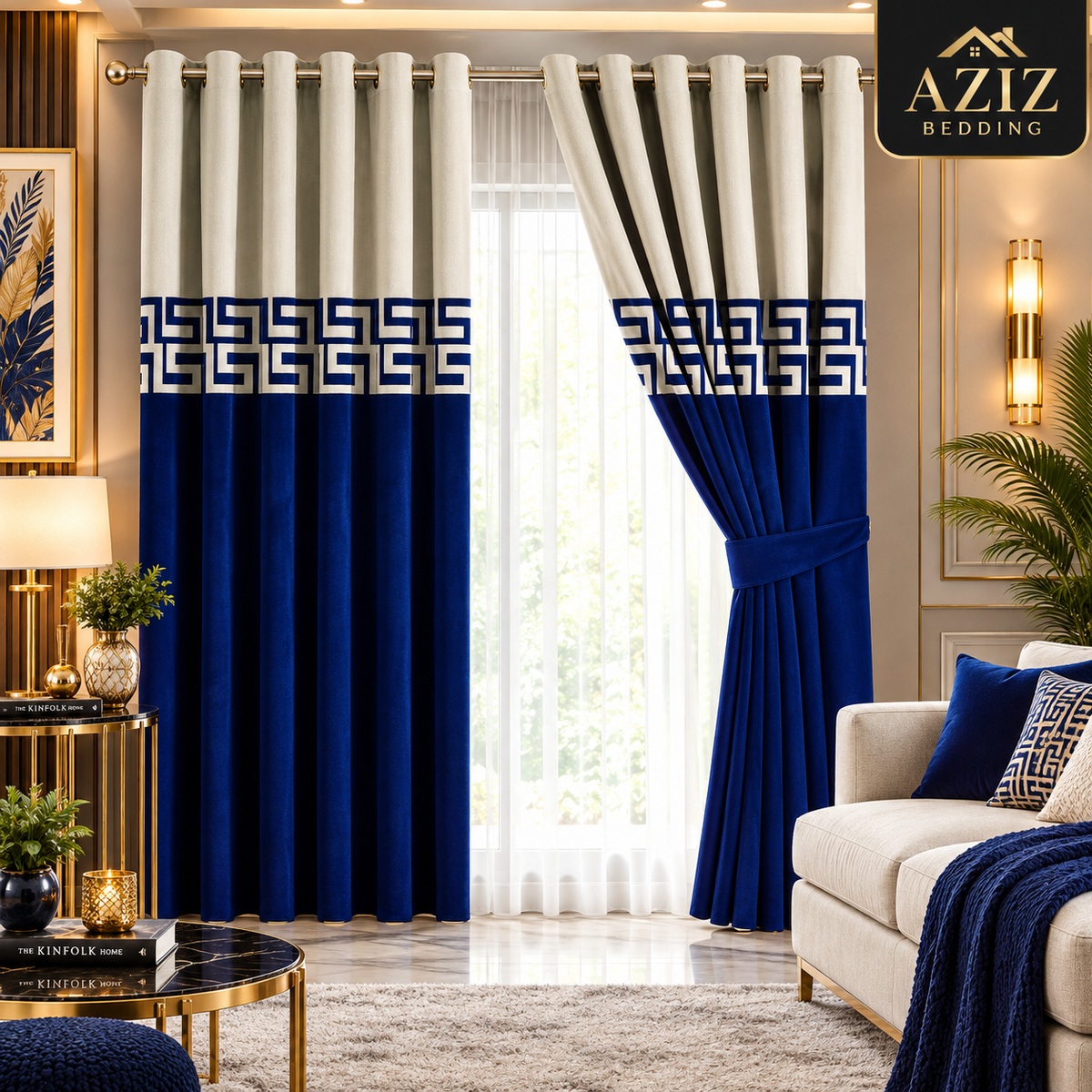 Off-White & Nave  Blue Dual Tone Velvet Curtains