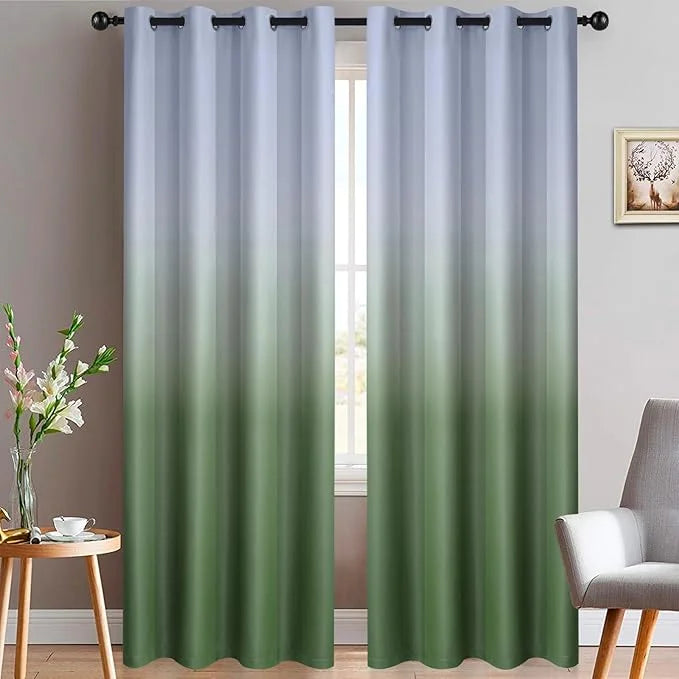 Sage-Green-Greyish-White Digital Velvet Curtains